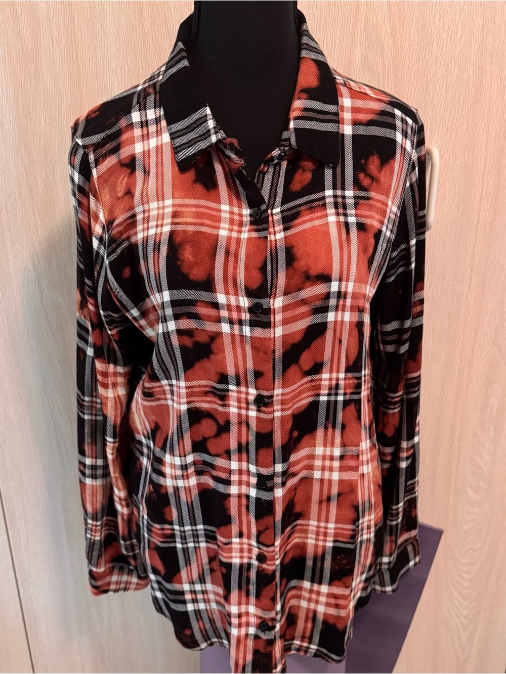 Nu-Vintage Rust and Black Plaid Button-Down with Orange Guitar Back Patch - Picture 2 of 6